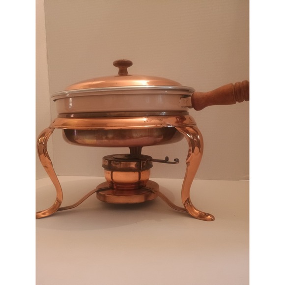 Other - Vintage Copper Brass Skillet Chaffing Dish Fondue Pot with Wood Handle & Stand